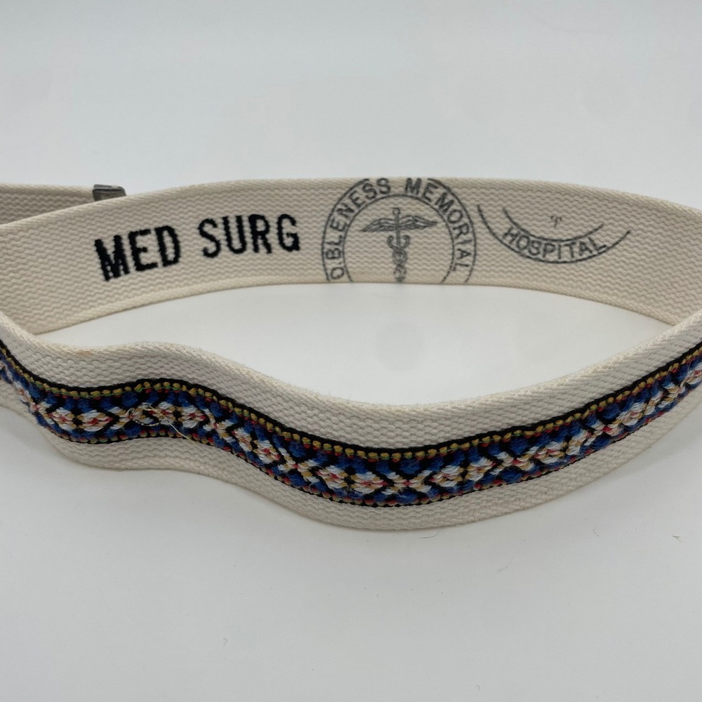 VTG Web Belt Unisex‎ OS Cream Cotton Canvas Boho Embroidered Hospital Souvenir